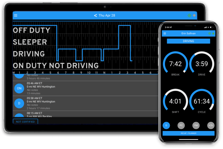 Daily logbook shown in tablet and daily available hours clocks shown in smart phone