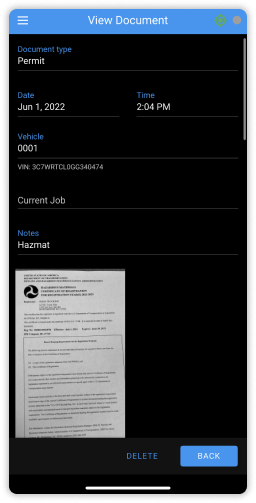Blue Ink tech app screenshot of a hazmat permit image being saved and uploaded