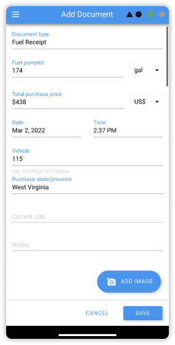 Blue Ink Tech app screenshot a fuel receipt being saved and uploaded for IFTA reporting