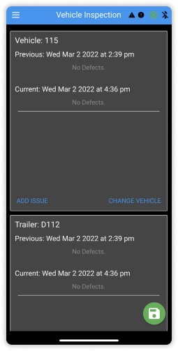 Blue Ink Tech app screenshot of a daily vehicle inspection report