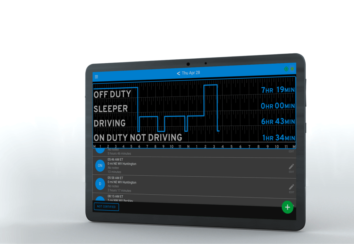 Tablet running the Blue Ink Tech app displaying an eld logbook.