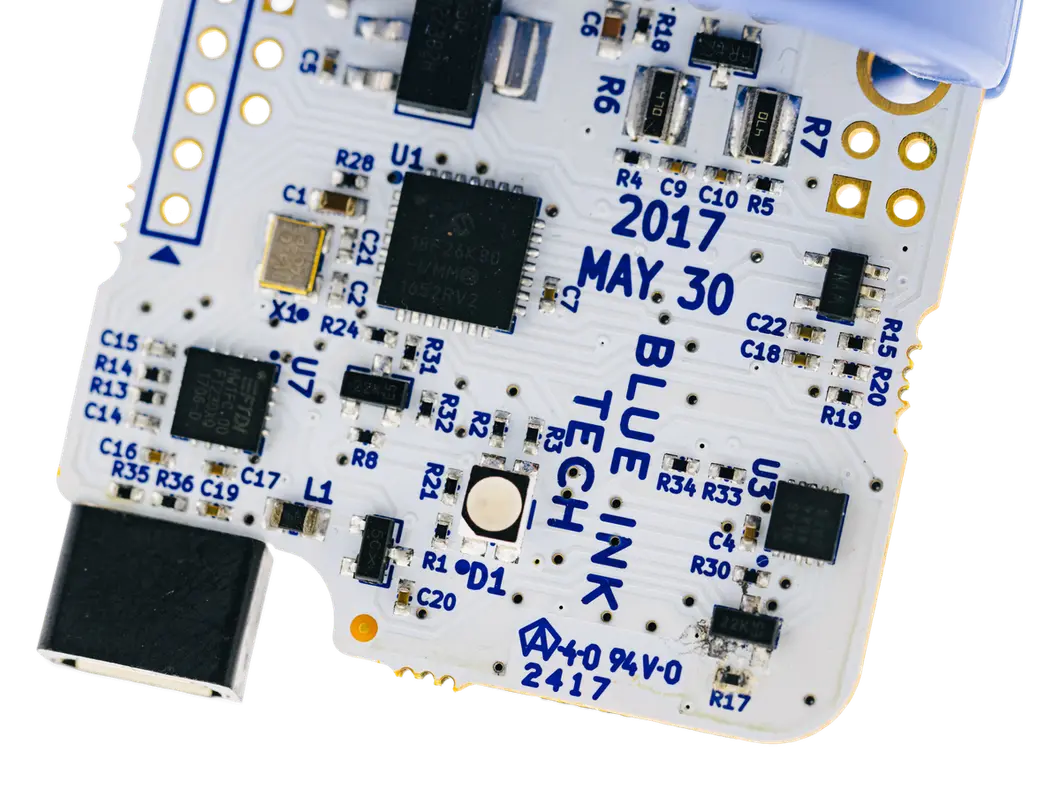 A BIT ELD board up close, with Blue Ink Tech printed on it