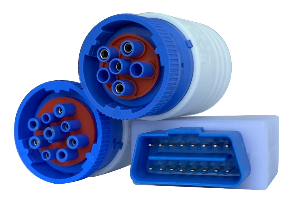 BIT ELD connectors stacked, with the OBD-II unit alongside